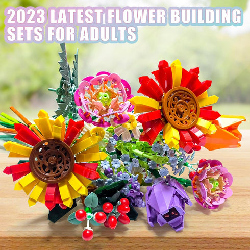 Flower Bouquet Building Set - 17 Artificial Botanical Collection Flowers DIY Home Decoration Gifts (976 Pcs)