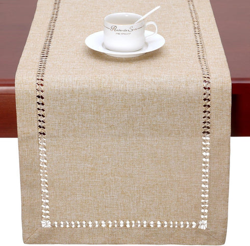 Grelucgo Large Handmade Hemstitch Beige Table Runner, Rectangular 14 by 108 Inch