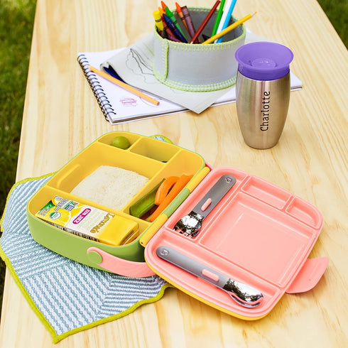 Munchkin Lunch Bento Box for Kids - Includes Stainless Steel Utensils, BPA-Free, Pink/Green/Yellow, 18 Months and Up