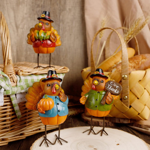 FORUP Thanksgiving Turkey Tabletop Centerpiece Decor, Set of 3 Resin Turkey Friends Decoration for Autumn Harvest