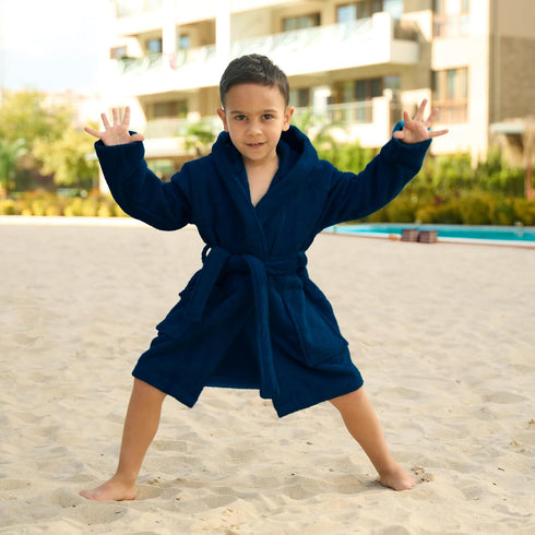 9-12 BAGNO MILANO Kids Organic Turkish Cotton Hooded Beach Cover-Up Towel, GOTS Certified, for Boys and Girls (Navy