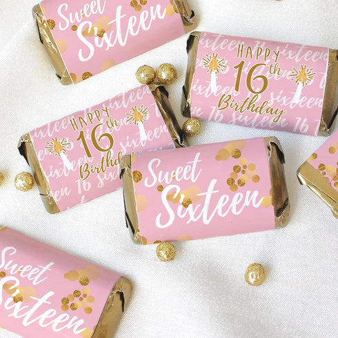 Pink and Gold Sweet 16 Birthday Party Mini Chocolate Candy Bar Wrappers - 42 Count, Sweet Sixteen Party Favor
