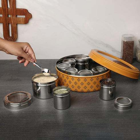 9 1 9 (2.5 22.5cm) dudki in Herbs & Spice | Stainless Steel Handcrafted Spice Box | Masala dabba See through Lid|
