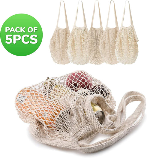 5 Pack Cotton String Shopping Bags, Reusable Washable Grocery Mesh Bags with Long Handle for Produce Storage