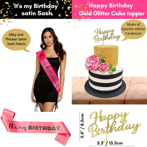 Hot Pink and Black Birthday Decorations, Happy Birthday Banner Garland, Paper Decor, Balloons, Cake Topper, Sash