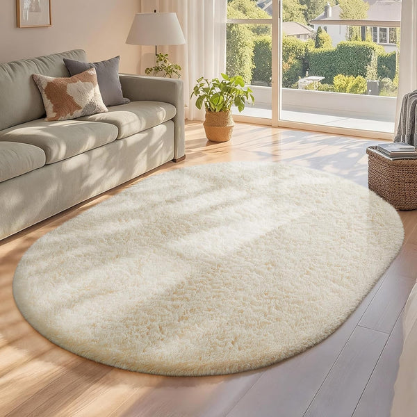 Ophanie 4x6 Oval Ivory Rugs for Bedroom Living Room, Fluffy Fuzzy Furry