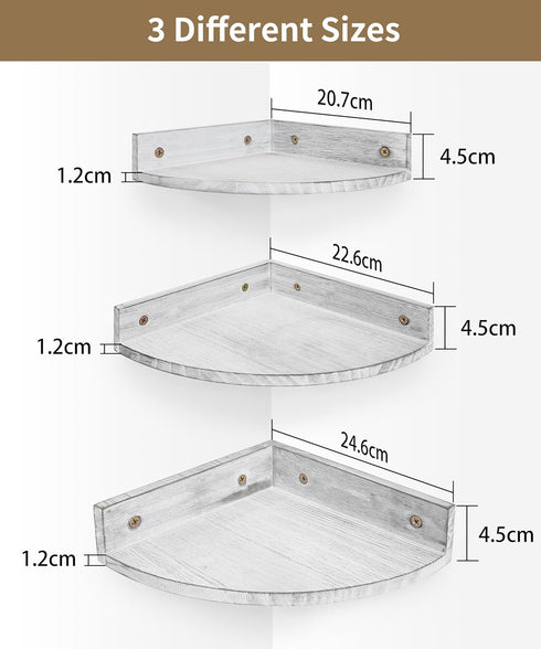 9.68x9.68 Inch Corner Shelves Wall Mount, Rustic Natural Wood Corner Floating Shelf, Distressed White Storage Organizer