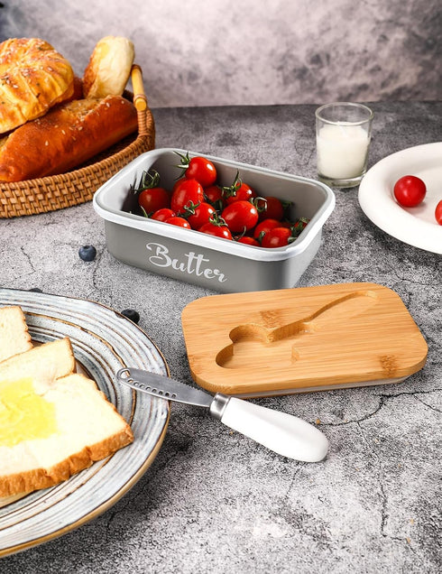 Butter Dish with Lid for Countertop, AISBUGUR Metal Butter Keeper with Stainless Steel Knife, Large Grey Container