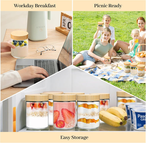 12 Pack 16oz TBWIND Glass Jars with Bamboo Lids, Spoons, Airtight Overnight Oats Containers, Salad& Yogurt Storage