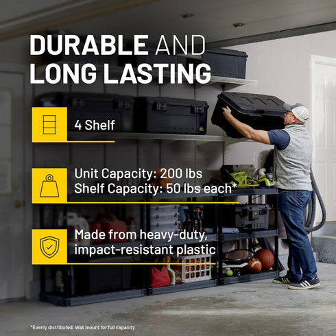 4-Shelf 48 23 14, 200lb Closet Plano Plastic Storage Shelves, x x Capacity, Pantry, Office, and Garage Shelves, Easy