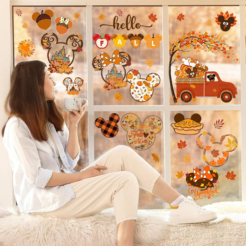 Fall Window Clings, 9 Sheets Mouse Themed Stickers for Glass Windows, Thanksgiving Decorations