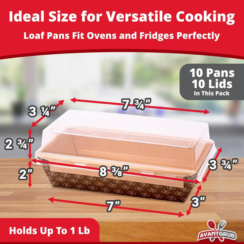 Avant Grub Baking Pan Chef Grade 8x4in 1Lb Paper Loaf Pans 10 Pk. Elegant Disposable Bakeable Kraft Pan Supplies for Baking Bread, Small Meatloaf, Bundt Cake, Sweets, Kraft Paper - With Lids.