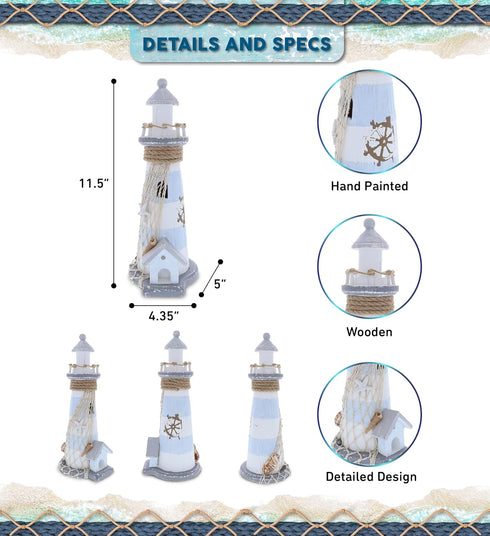 CoTa Global Moonlight Wooden Lighthouse Decor - Handcrafted Nautical Light House with Fish Net and Ocean Shells, 11.5