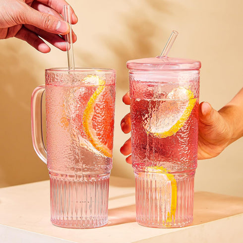 JunVpic Straws,24oz Glass Cups with Lids and Glass Tumbler with Handle Iced Coffee Cup