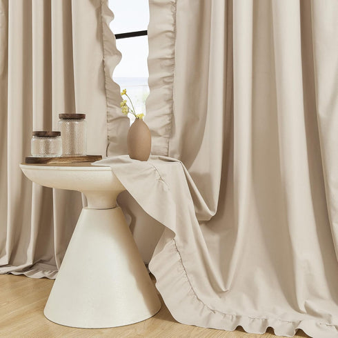 Beige Ruffle Curtains 84 Inches Long 2 Panels Suede Fabric Light Tan