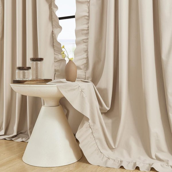 Beige Ruffle Curtains 84 Inches Long 2 Panels Suede Fabric Light Tan