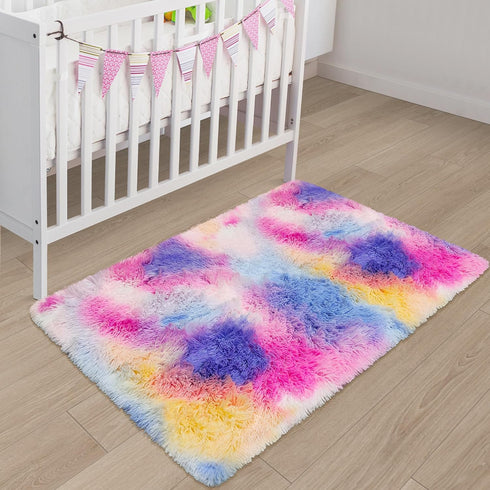 2x3 ft Small Throw Rugs, Furry Non Slip Mini Area Rug, Fluffy Tie-Dyed Rainbow Carpet for Bedroom Door Entryway Decor