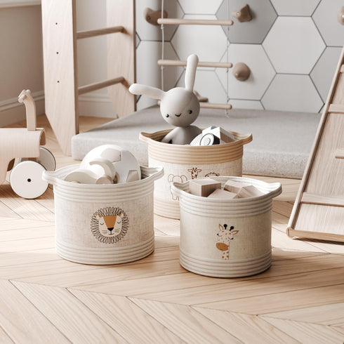Set 3 RGI Home Decorative Storage Baskets with Safari Animal Prints of Round Fabric Rope and Linen Organizer Bins