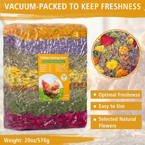 DreamdaMoonnly 20oz Vacuum-Packed 8 Chicken Nesting Box Herbs - Natural Blend of Dried Flowers & Herbs - Bulk Herbs