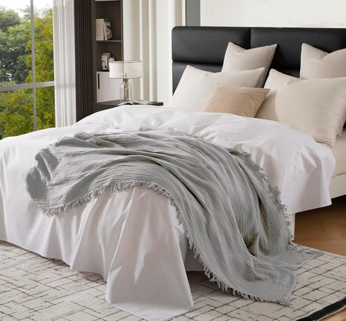 KyraHome 100% Organic 90"x104" King Cotton Blanket, Plant Dyed, Lightweight Gauze Muslin for Summer, Light Grey