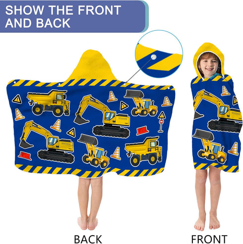 Kids Beach Towel with Hood - Excavators Vehicles Theme for Boys & Girls, Microfiber Soft Bath Poncho Wrap Robe