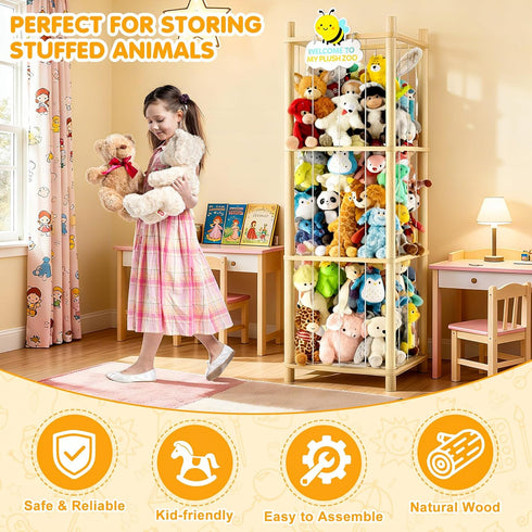 Hsenowi Stuffed Animal Storage Zoo Organizer Natural Pine Plushies Storage with Elastic Bands Vertical Wood Toy Holder