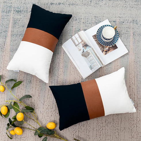 12x20 Set 2, Lumbar Pillow Covers of Reversible Black White Cotton & Brown Leather Patchwork Pillow Case for Sofa Bed
