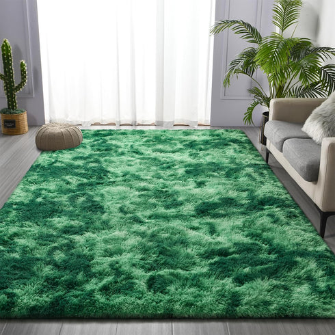 Shag Area Rug, 4 X 6 Tie-Dyed Plush Fuzzy Indoor Carpet for Living Room, Ultra Soft Emerald Green