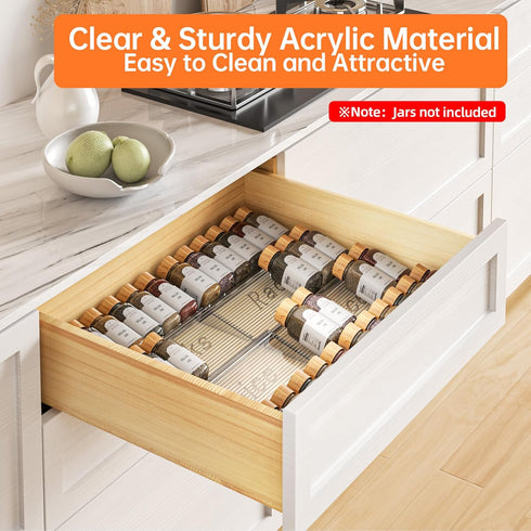 Spice Drawer Organizer, 2 Tier Clear Acrylic Storage, Expandable from 11'' to 22''