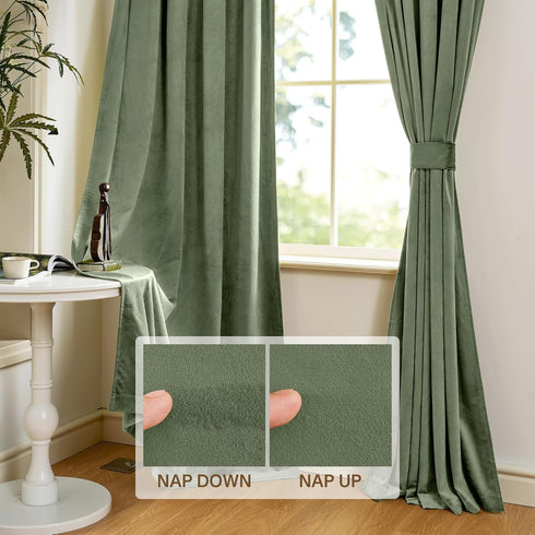 W52 L84, 2 StangH Sage Green Velvet Curtains - Rod Pocket Room Darkening Curtain Panels Heritage Plush Heat Insulation