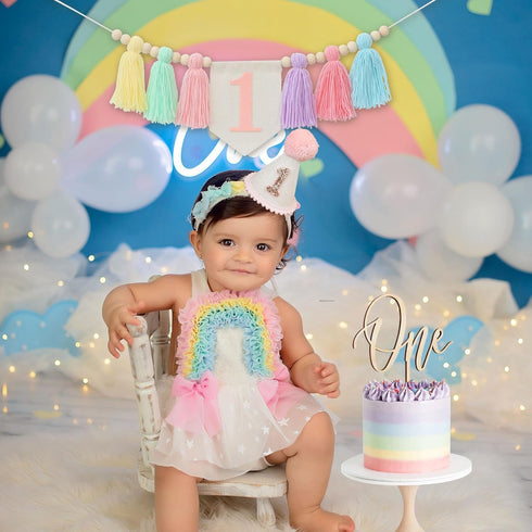 1st Handmade Boho Macaron Theme Birthday High Chair Banner for Baby Girls with Pink First Birthday Cone Hat and One