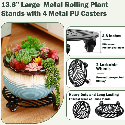 1 Pack 13.6 Inches Large Metal Plant Caddy with Wheels Heavy-duty Wrought Iron Rolling Plant Stand with Casters Indoor