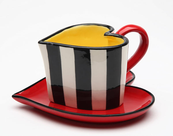 62369 Fine Ceramic Black and White Striped Heart Shape Cup and Saucer, 5-1/4"