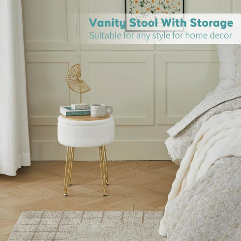 BRIAN & DANY Vanity Stool, Faux Fur Vanity Stool Chair with Storage, Round Makeup Chair Soft Padded Seat with Legs