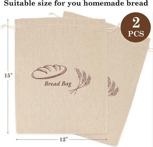 QUYANGCHIFENG 2 Pack 12x15 Inch (1 Reusable Linen Bread Storage Bags with Plastic Lining, Sourdough Bread Keeper