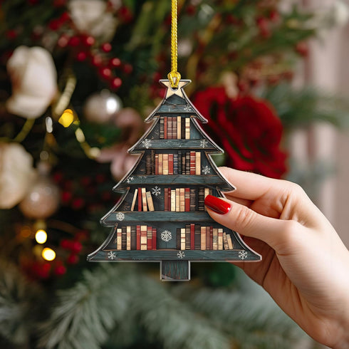 NGHYANNA 4 Inch NGHYANA Wooden Christmas Tree Ornament with Bookshelf Design Hanging Decoration