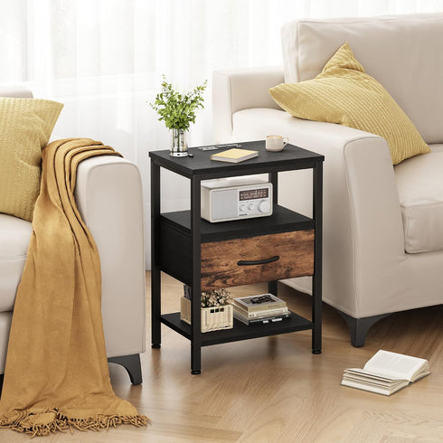 3-Tier DUMOS Bedside Table with Charging Station and Adjustable Fabric Drawer Compact Nightstand Storage Organizer End