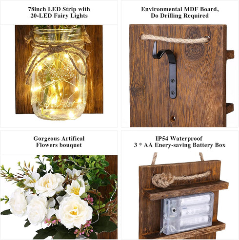 Set Lightess Wall Decor Mason Jar Sconces with Remote Control, Rustic Home Decor LED Fairy Lights with White Rose