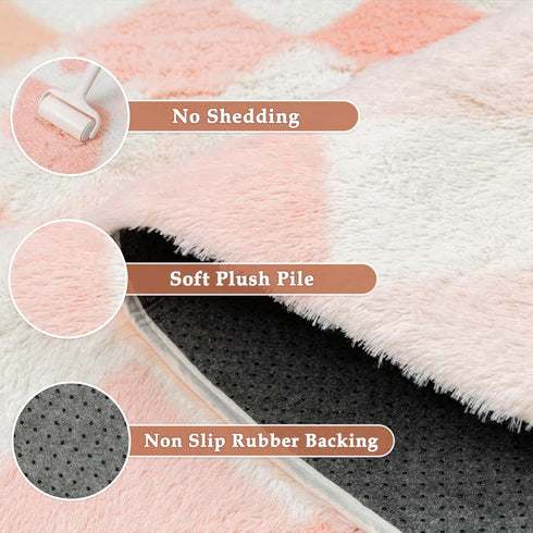 PureCozy 4x6 Pink Area Rug for Living Room Washable Non Slip Neutral Soft Bedroom Checkered Carpet Fluffy Modern Shag