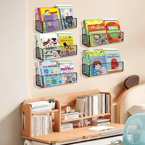 Wensdr 5-Pack 5 Black Metal Wall Mounted Kids Bookshelf, Modern Style, Shelves, Hanging Book Shelf Organizer for Kids