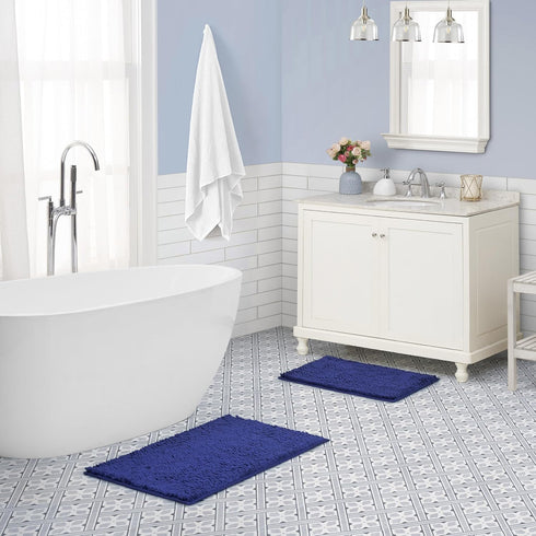 Laura Ashley Butter Chenille Bath Rug, Absorbent Shaggy Non-Slip Bathroom Mat - 2 Piece Navy