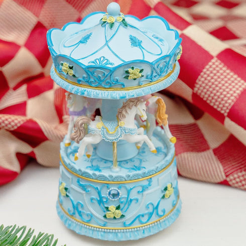 Elegant Blue Carousel Music Box,Handcrafted Rotating Horses & Floral Details Musical Figurine