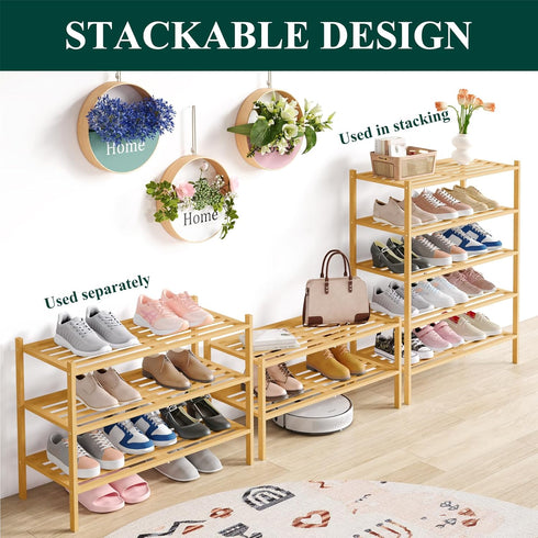 2-Tier, Closet, Smiry Bamboo Shoe Rack Stackable Wooden Shoe Organizer for Entryway & Free Standing Wood Shoe Storage