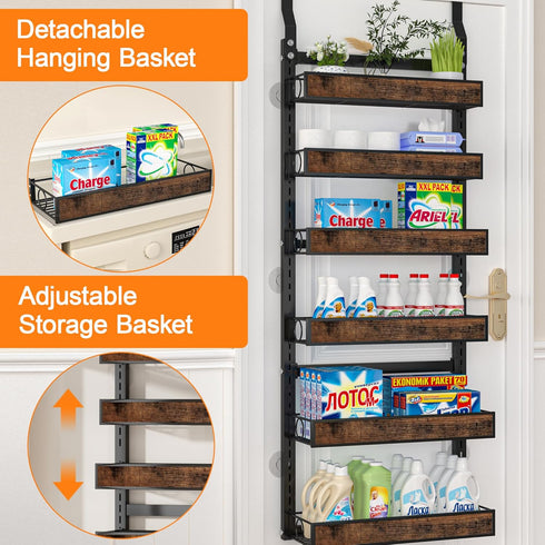 6 2 1 Tier Over The Door Pantry Orangizer IN Wall Mounted or Hanging Spice Rack with Adjustable Wood Basket,Heavy Duty