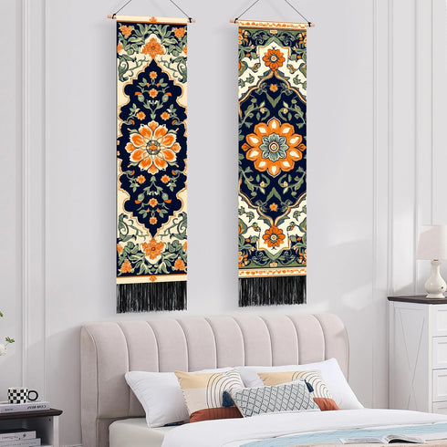 2 13"x51", BVBOX PCS Vertical Floral Tapestry Ottoman Aesthetic Long Vertical Wall Hanging Black Tassel Tapestries Home