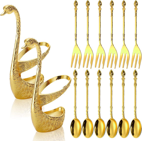 14 Pack Swan Base Holder with Coffee Spoons & Forks, Gold Dessert Flatware Set for Mixing, Stirring, Serving