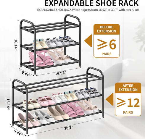 Hleelomi 3-Tier Closet,Living Expandable Shoe Rack,Adjustable Shoe Shelf Storage Organizer Heavy Duty Metal Free