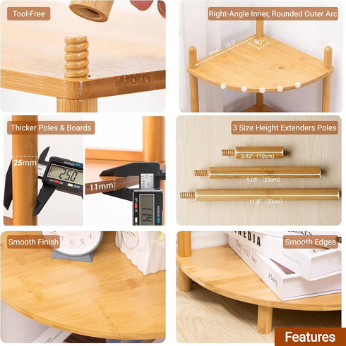 2-Tier Expandable Bamboo Corner Shelf Stand,Corner Bookshelf, Display Storage Shelves with Open Shelves