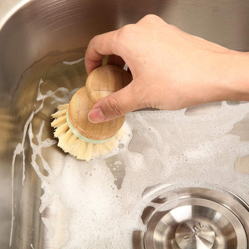 4 Pieces Bamboo Dish Scrub Brush, Wooden Round Scrubbers, Stiff Bristles for Wash Dishes, Kitchen