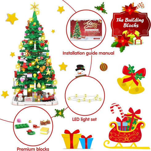 Advent Calendar 2024 - Christmas Tree Building Toy Set with LED Light, 1102 Pieces